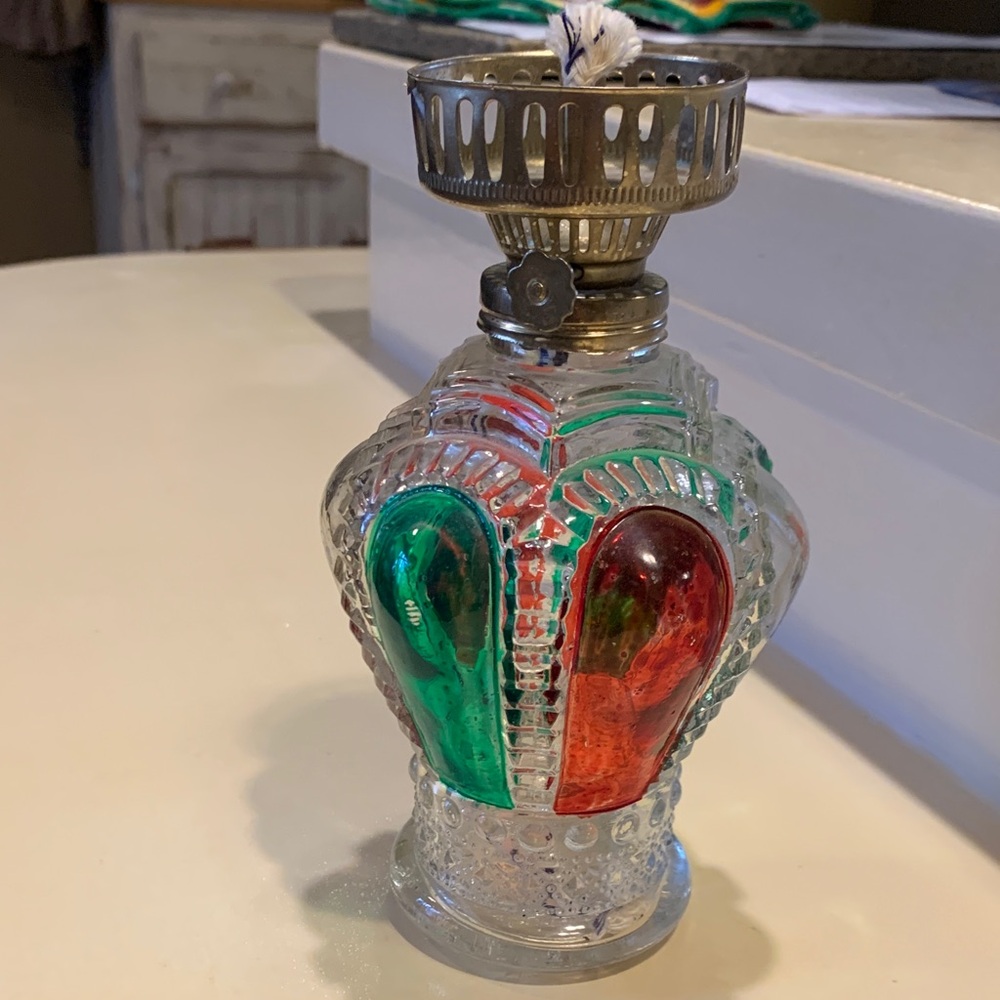 Vintage Glass Oil Lamp with Red and Green Accents